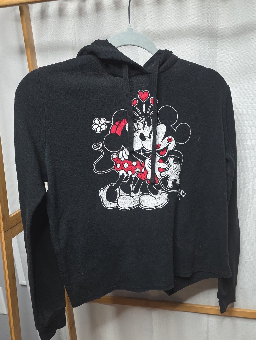 Disney Black Hoodie Sweater with Minnie & Mickey Red Accent Graphic